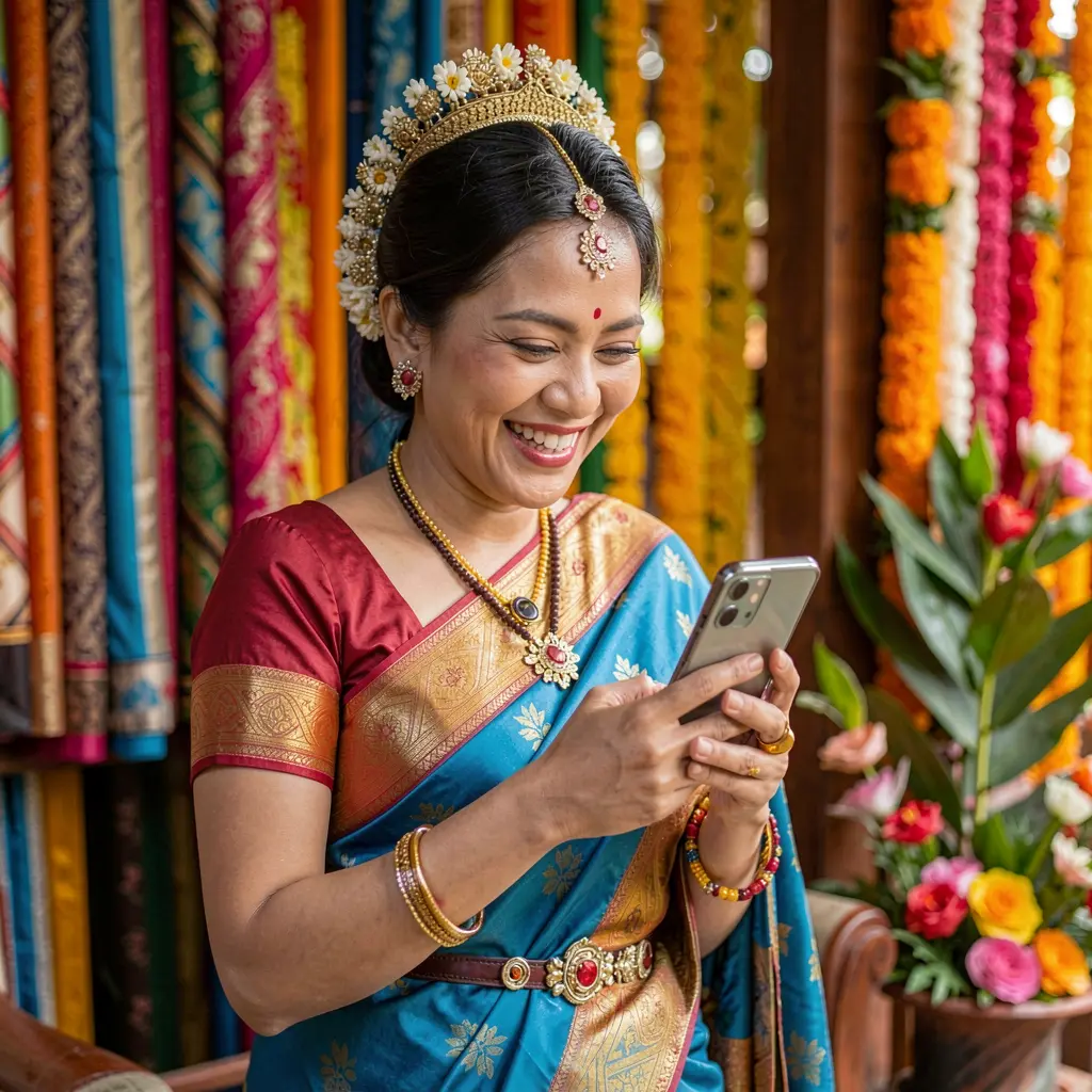 NNPH App – Enjoy smooth and convenient mobile casino access in the Philippines Happy Filipino woman looking at her phone with a bright smile while using the NNPH mobile casino app in a colorful urban setting