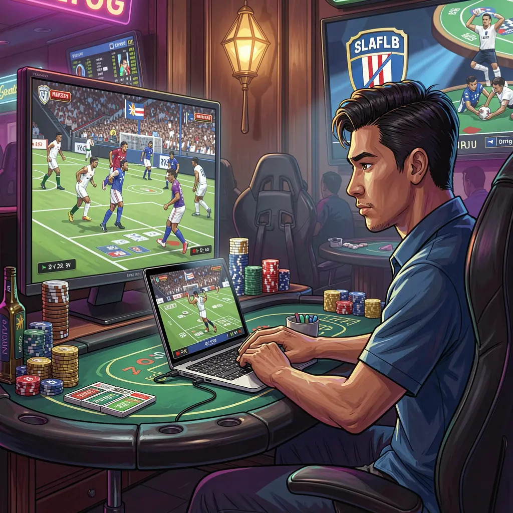 NNPH Bets – Experience fast and exciting sports betting action in the Philippines Filipino sports fan watching a live basketball game on TV while placing bets on a laptop with NNPH, surrounded by dynamic sports and casino visuals