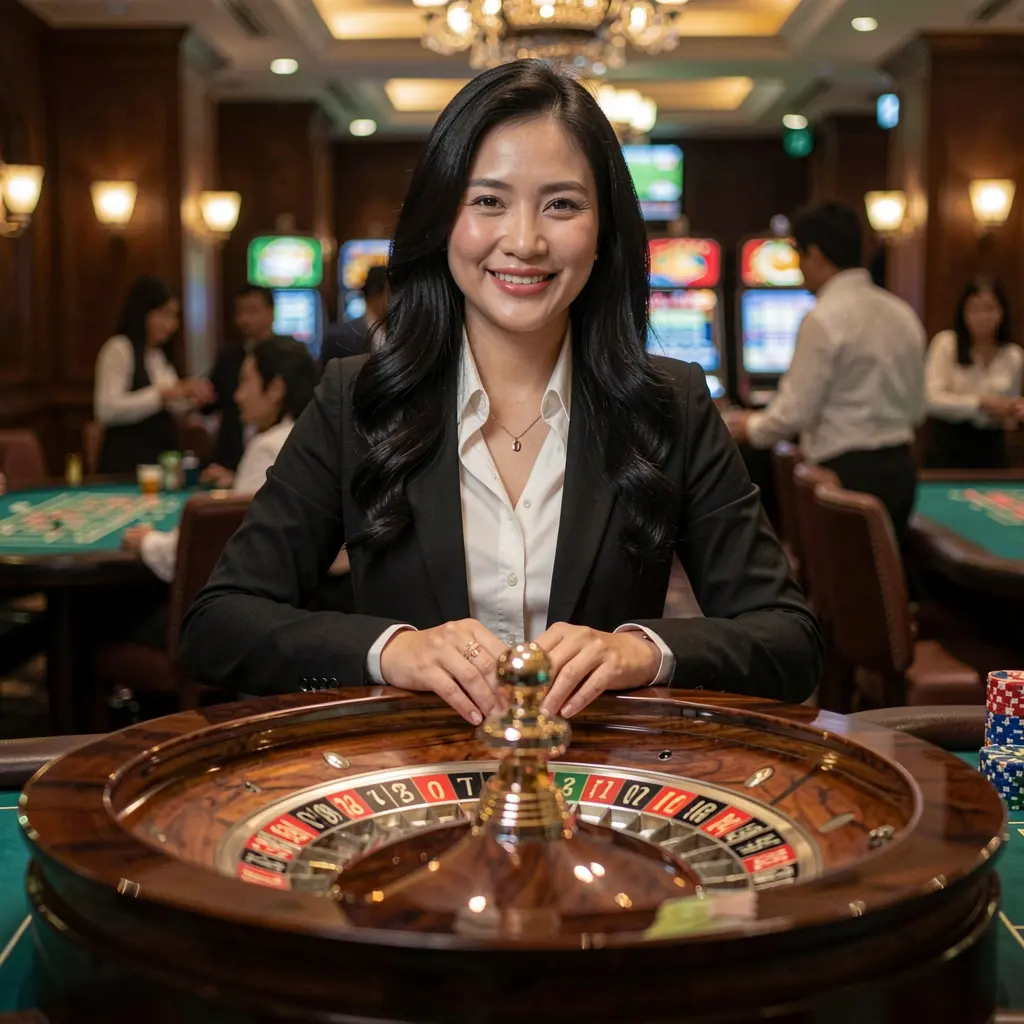 NNPH – Step into a world of premium live casino entertainment Confident live casino presenter standing at a modern gaming table with futuristic lights showcasing the high quality live casino experience of NNPH in the Philippines
