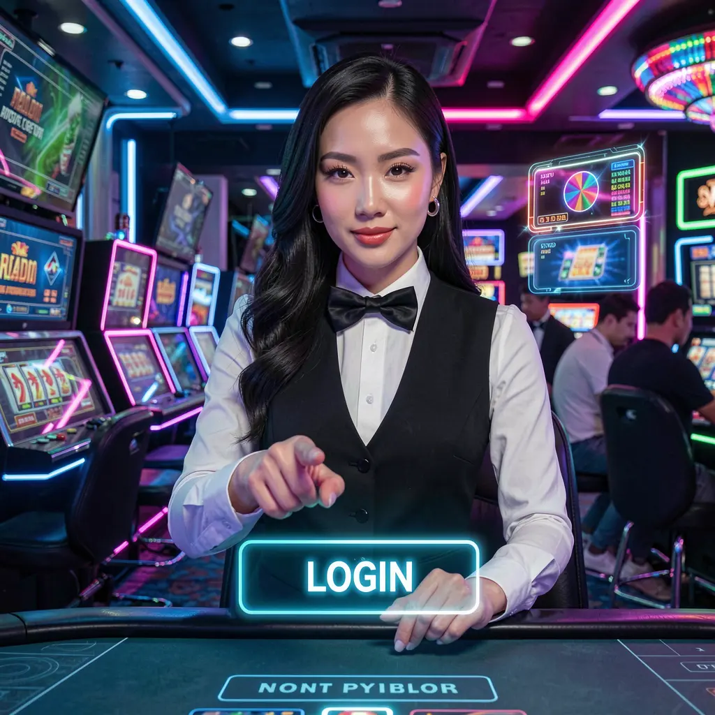 Confident NNPH casino ambassador pointing at a virtual login button in a neon lit digital casino scene for players in the Philippines