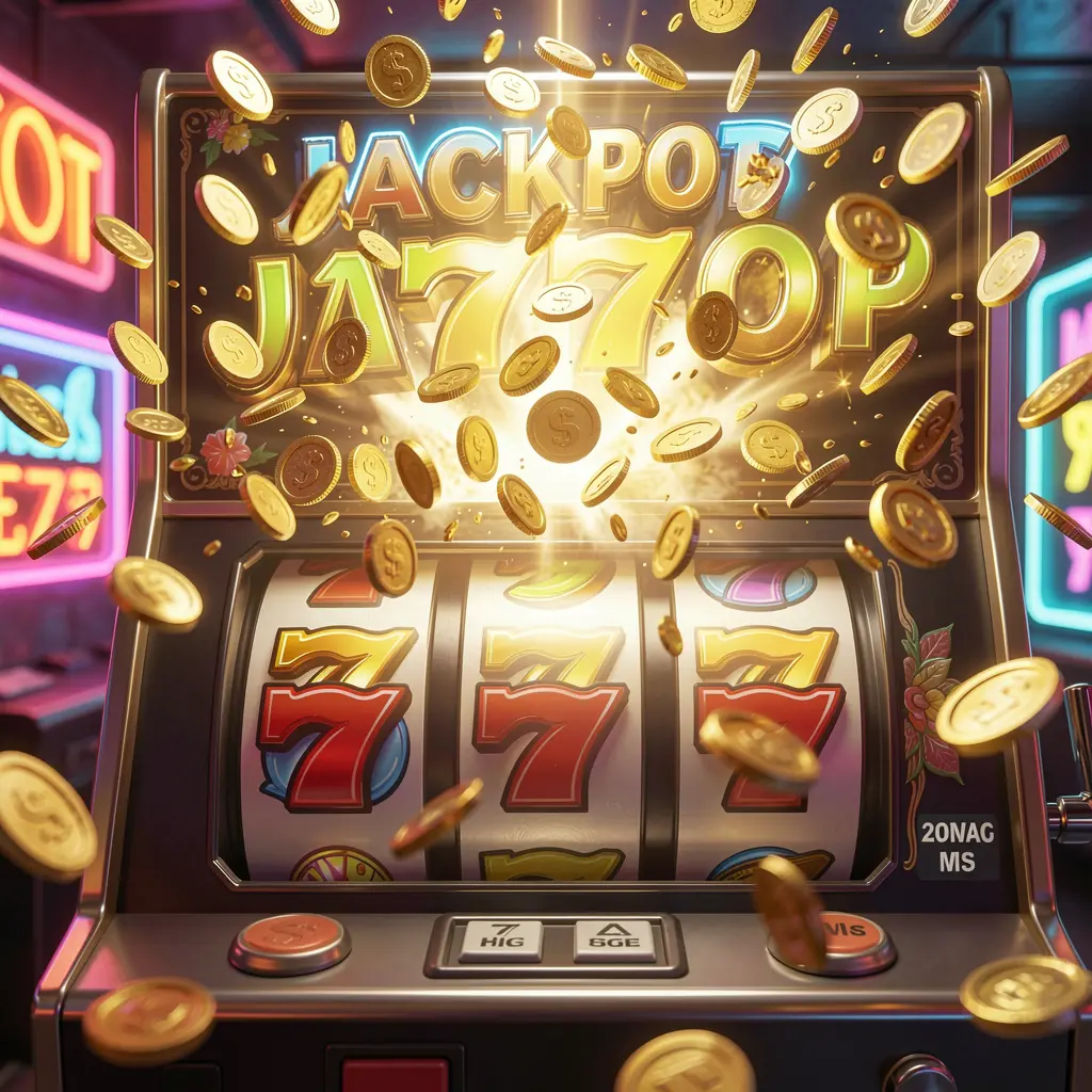 Close up view of a glowing slot machine with triple seven symbols and falling gold coins representing jackpot excitement at NNPH slots in the Philippines
